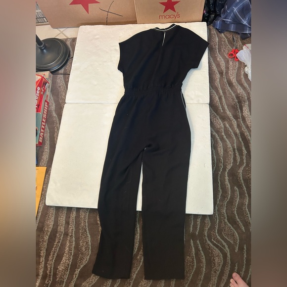 Zara black short sleeve jumpsuit white olive stripe - Picture 4 of 11